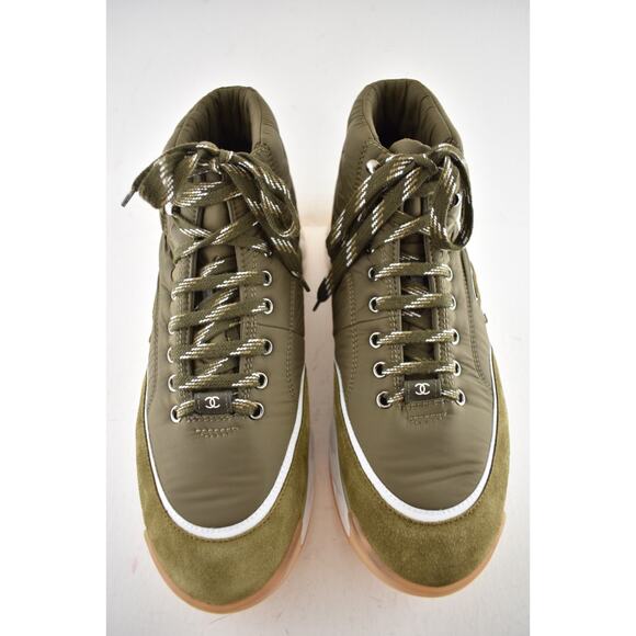 Chanel 19B Green Quilted Platform CC Logo High Top Trainer Sneaker Boot 44 11 - Picture 6 of 12
